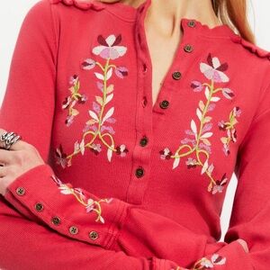 Free People Fleur Embroidered Cuff Henley Medium NWT